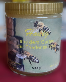 Honigglas mit Friedenskirchenhonig